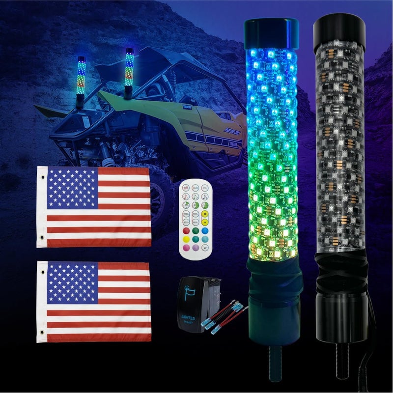 cezelux 2 Pack 1ft Fat Whip Lights for UTV ATV with App & Remote Control,Rocker Switch, Brighter Spiral RGB Chasing Lighted Antenna LED Fatty Whip Light for Can-Am SXS Truck Polaris RZR(1FT 2pack) - Image 1